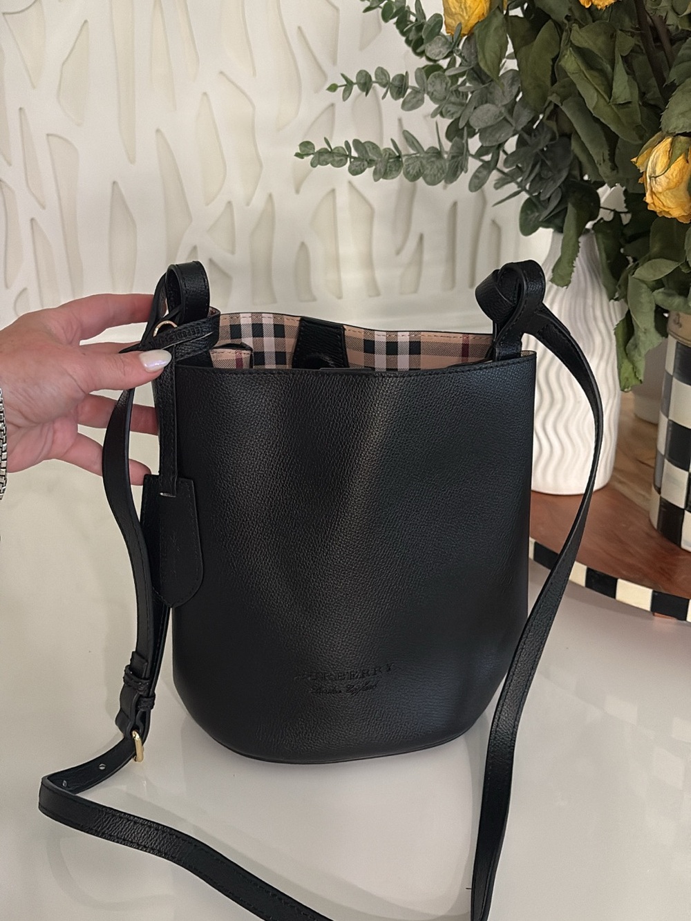 Black Burberry Leather Bucket Crossbody Bag with Check Lining